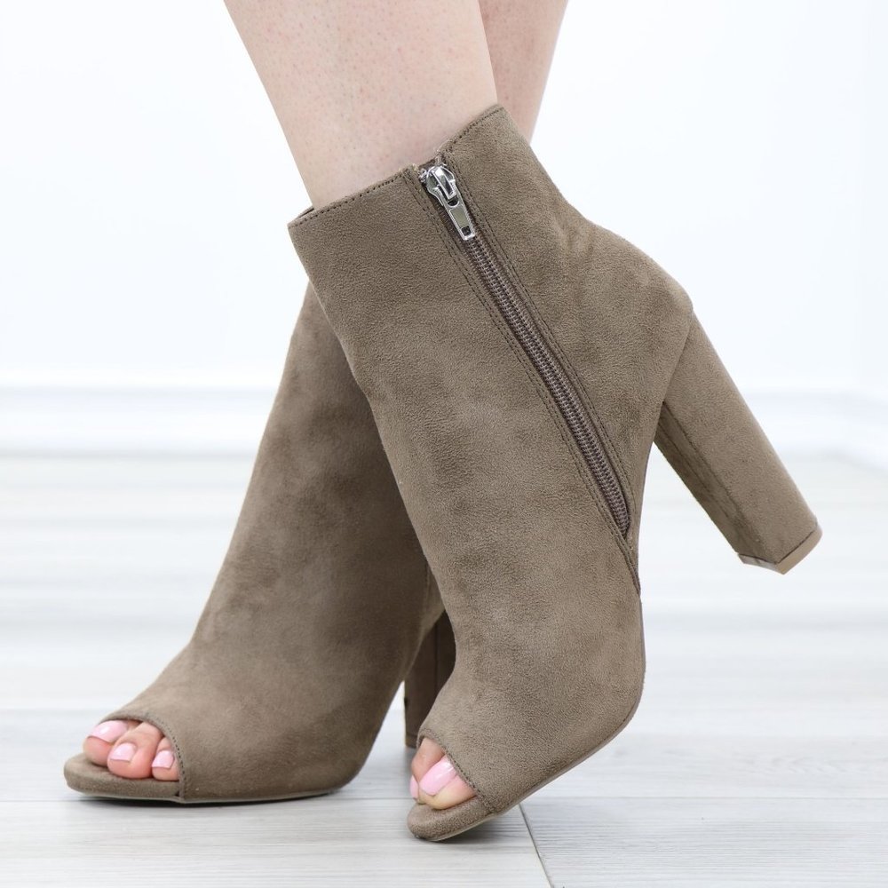 Taupe Suede Ankle Booties Block Heeled Open Toe Boots - Picture 9 of 11